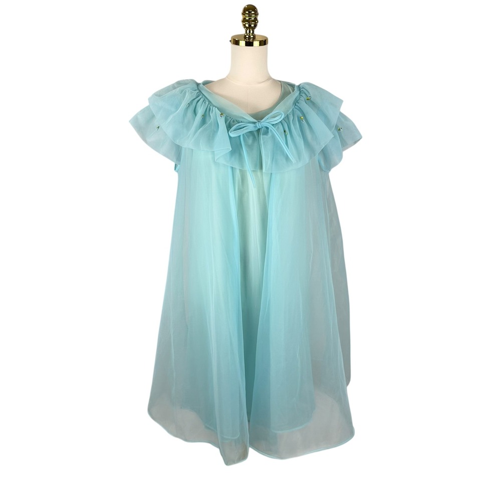 Vtg 1960s Pandora Aqua Ruffled Nylon Chiffon Peignoir Robe Babydoll Nightgown M
